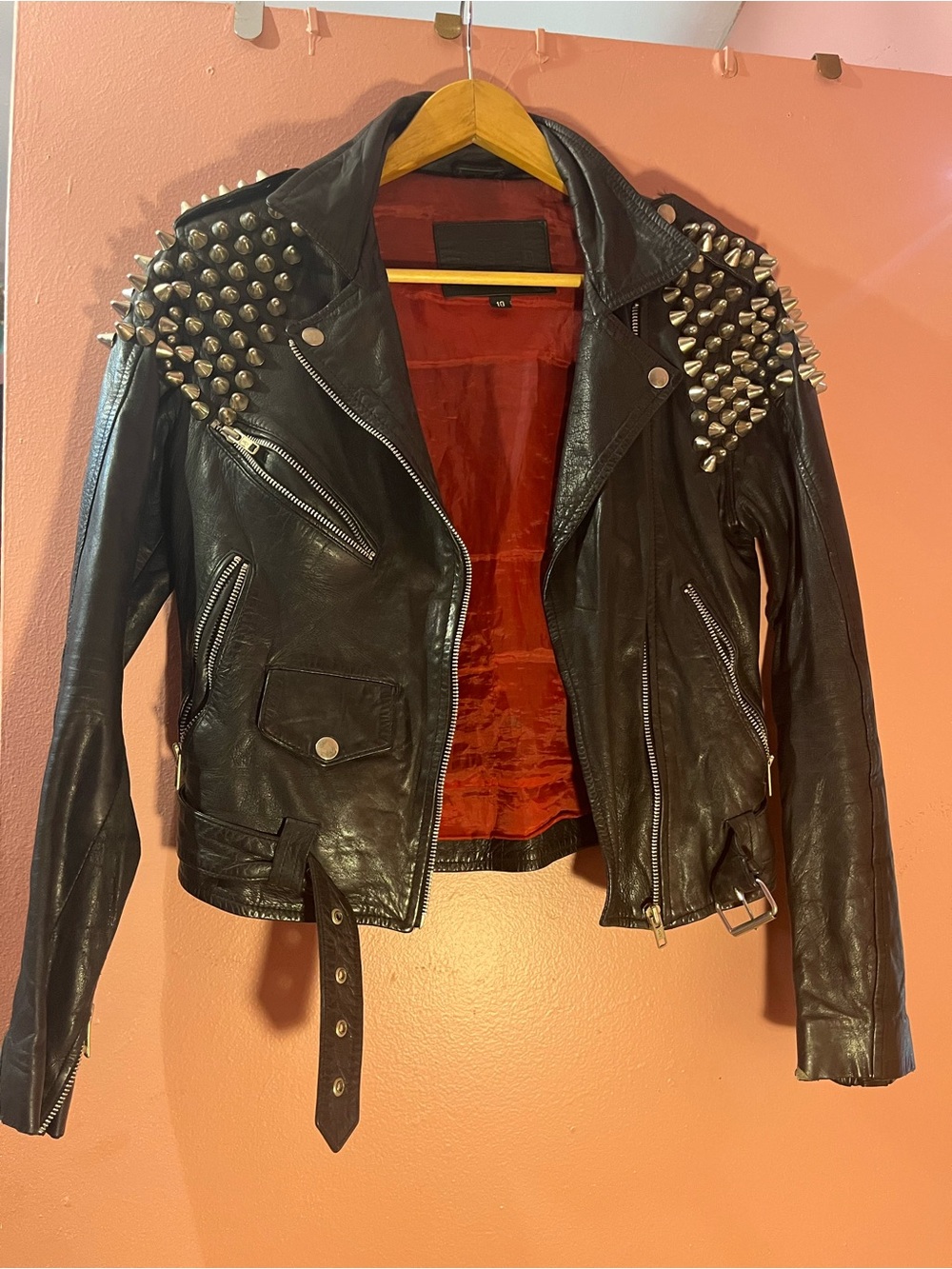 The Ragged Priest Black Leather Studded Moto Jacket with Red Lining